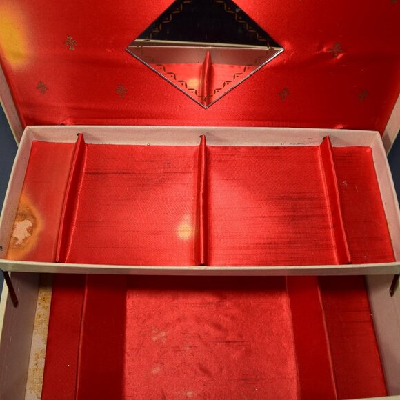 Vintage Jewelry Box Storage Organizer 2-Tier Off White Leather Red Satin Damaged - Picture 4 of 16